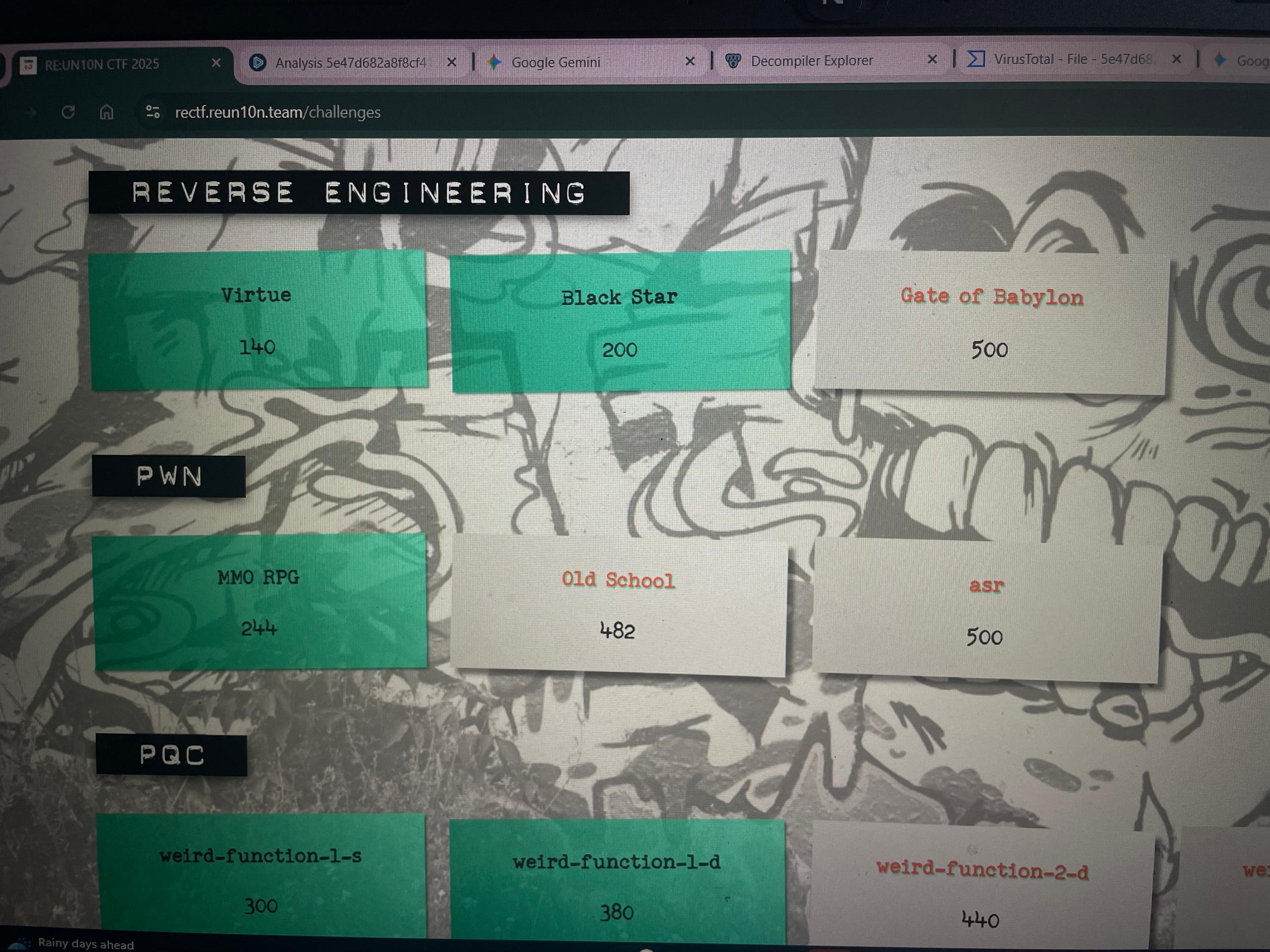 RE:UN10N CTF scoreboard and challenge progress screenshot, image 2 of 2